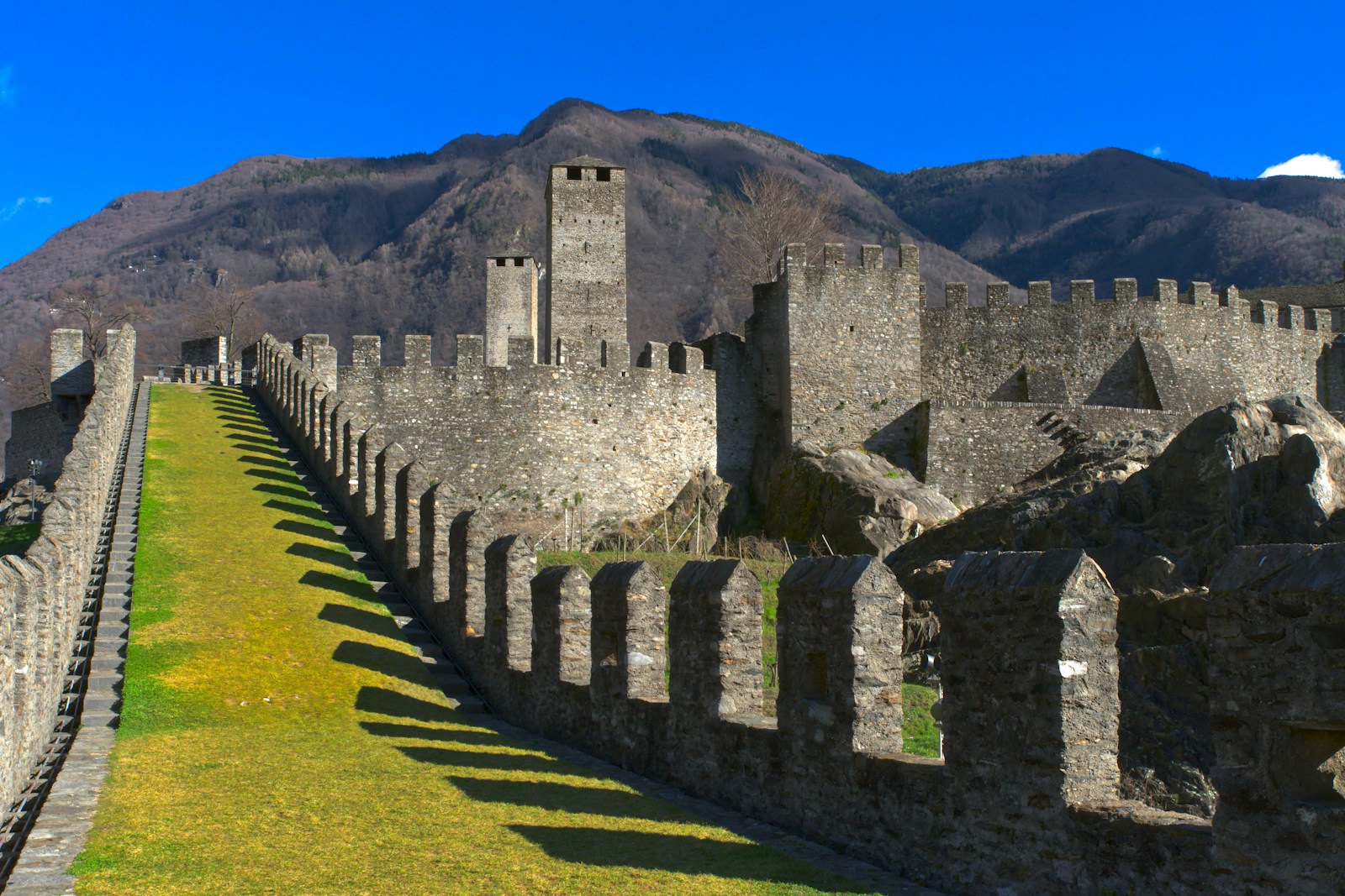 un grand château en pierre avec une montagne en arrière-plan