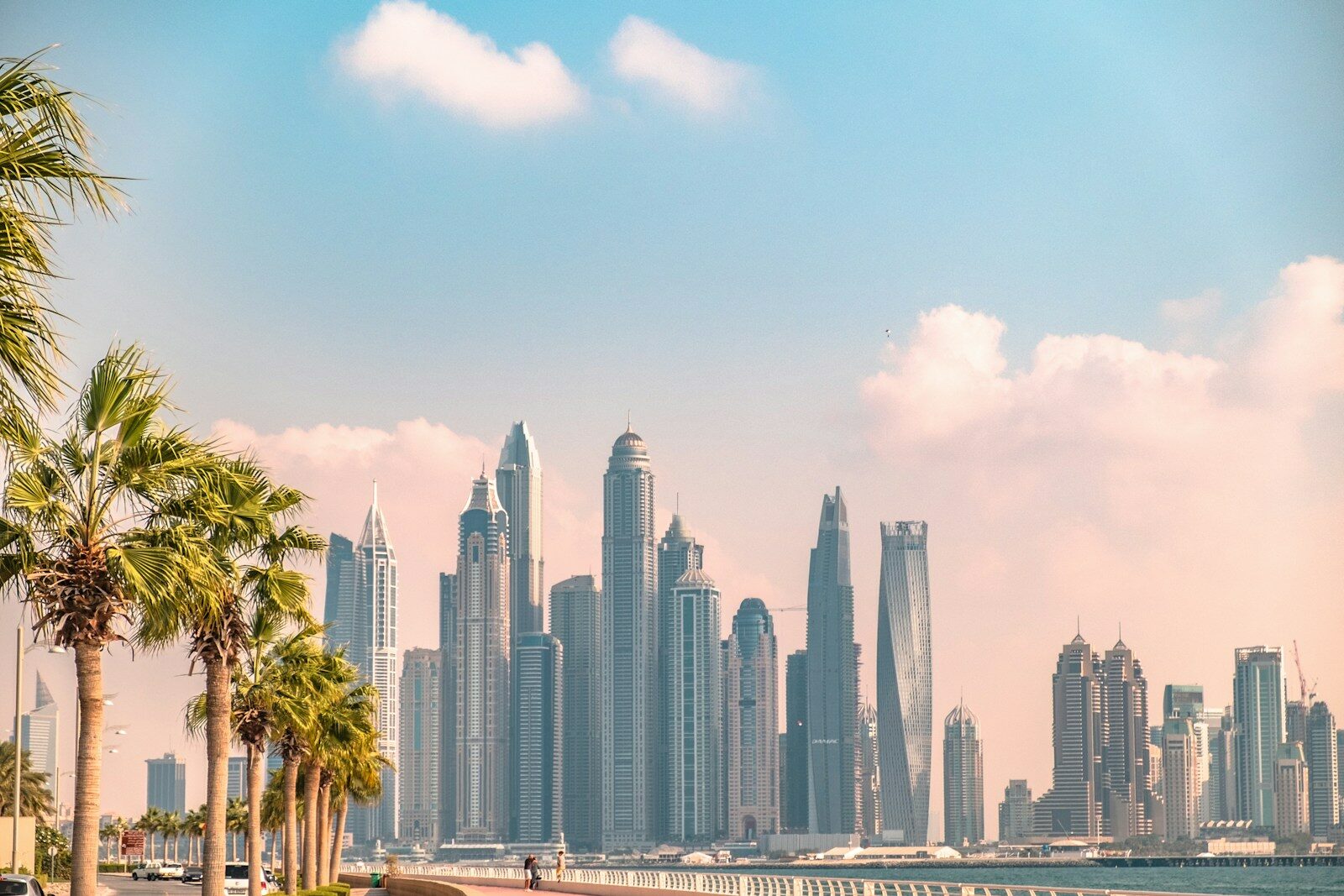 a view of a city with tall buildings and palm trees